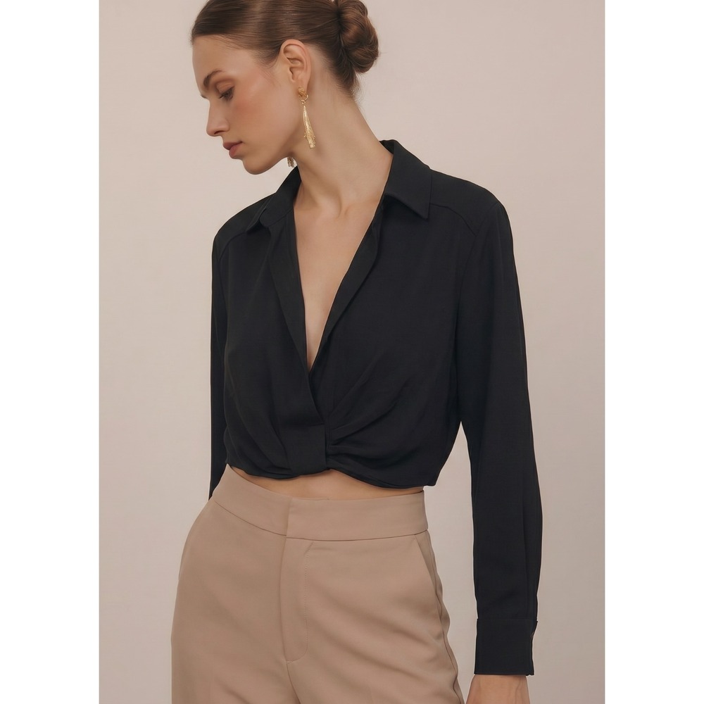 NWT ZARA Black Cropped Twist Front Pullover Blouse Side Zip Long Sleeve Top M